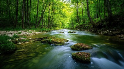 Obraz premium Aerial view of a tranquil river winding through lush green forest in a remote natural setting during midday