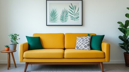 Midcentury living room with a sleek mustardcolored sofa, wooden furniture, and retro artwork, vintage midcentury living room, minimalist retro