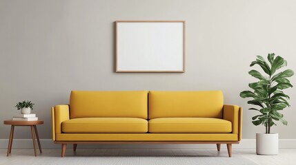 Midcentury living room with a sleek mustardcolored sofa, wooden furniture, and retro artwork, vintage midcentury living room, minimalist retro
