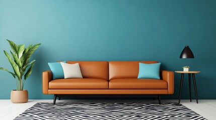 Fototapeta premium Midcentury living room with a sleek leather sofa, walnut furniture, and retro geometric patterns, vintage midcentury modern living room, minimalist retro