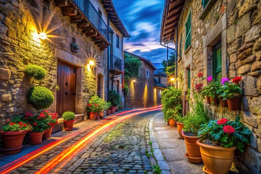 Colorful blooms adorn Barcena's cobblestone street, adding a touch of vibrancy.