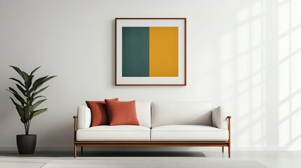 Fototapeta premium Midcentury modern living room with a lowprofile sofa, teak wood furniture, and abstract art, vintage midcentury living room, retro minimalism