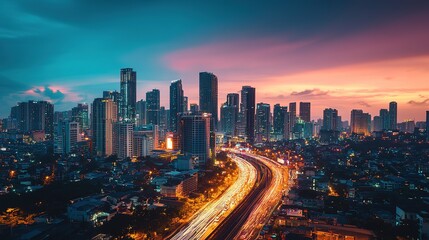 Naklejka premium Evening skyline view of a bustling city with vibrant lights and a colorful sunset over urban skyscrapers