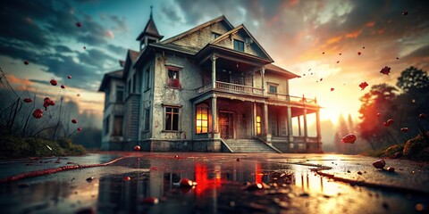 Crimson-kissed structures stand as haunting reminders of untold stories.