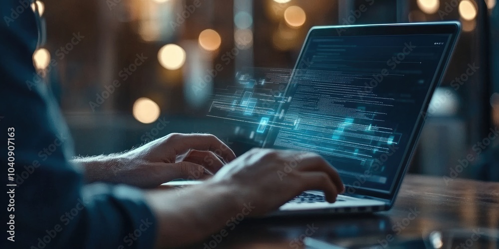 Poster Searching and browsing data online using a blank search bar. SEO and networking concept with a businessman working on a laptop at an office desk.