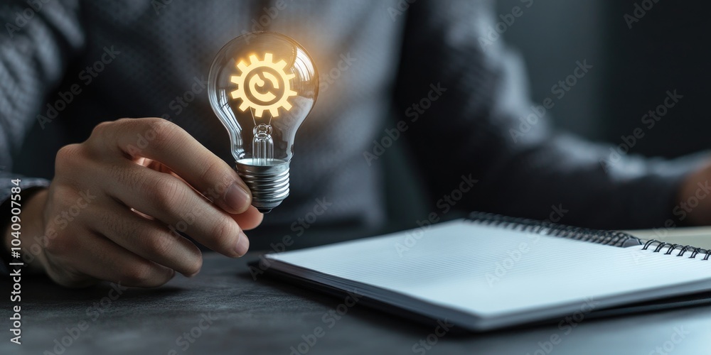 Fototapete a hand holding a light bulb with a gear icon inside while using a notebook, representing the inspira