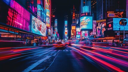 Vibrant evening  with bright billboards and busy traffic under night sky
