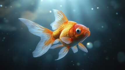 A single goldfish swims in a dark blue tank with light shining down from above.