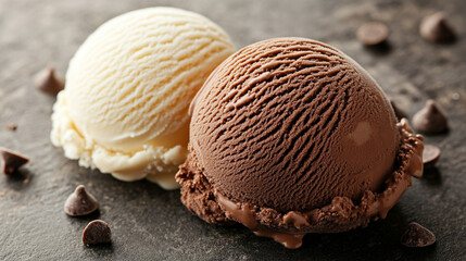 chocolate and creamy vanilla ice cream scoops. The contrast of colors and textures symbolizes the balance between sweet pleasure and pure enjoyment