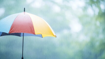 A rainy day with a colorful umbrella in the rain, with lightning on a blurred background.