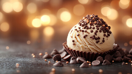 chocolate and creamy vanilla ice cream scoops. The contrast of colors and textures symbolizes the balance between sweet pleasure and pure enjoyment