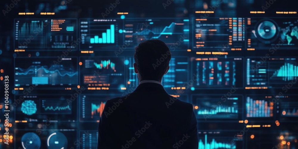 Fototapete Big data analytics and business intelligence displayed on a digital interface with chart and graph icons, while a businessman analyzes data in the background.
