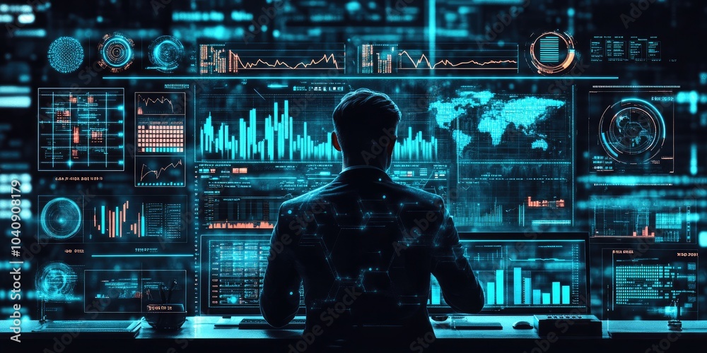 Fototapete Big data analytics and business intelligence displayed on a digital interface with chart and graph icons, while a businessman analyzes data in the background.