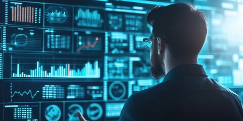 Big data analytics and business intelligence displayed on a digital interface with chart and graph icons, while a businessman analyzes data in the background.
