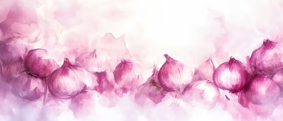 Fototapeta premium A painting of a bunch of onions with a pink background. The onions are arranged in a row, with some overlapping each other. The overall mood of the painting is calm and peaceful