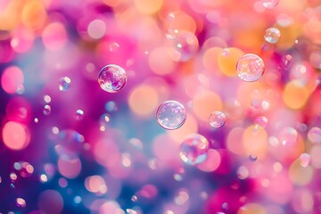 A vibrant capture of tiny bubbles forming in mid-air, their surfaces reflecting the full spectrum of colors, enhanced by soft natural lighting, perfect for promotional imagery, ample space for