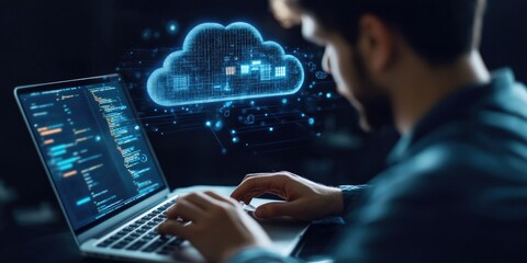 Fototapeta premium A man working on a laptop with a floating cloud computing diagram, symbolizing data storage, internet services, and networking technology.