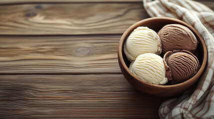 chocolate and creamy vanilla ice cream scoops. The contrast of colors and textures symbolizes the balance between sweet pleasure and pure enjoyment
