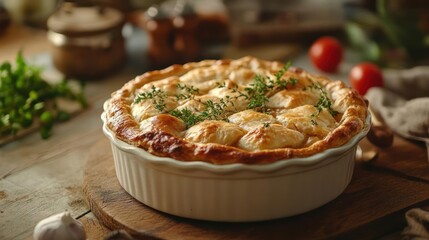 displays an appetizing pizza topped with herbs and cheese, served in a casserole dish.