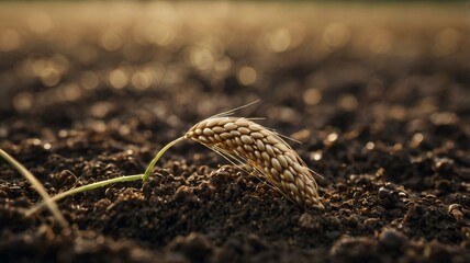 Obraz premium Golden wheat grain emerging from rich soil during sunset in a tranquil agricultural field