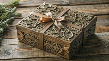 Beautifully carved wooden gift box tied with ribbon.Exquisite rare gift for decorating holiday themes,product layouts or creating a vintage and rustic atmosphere.