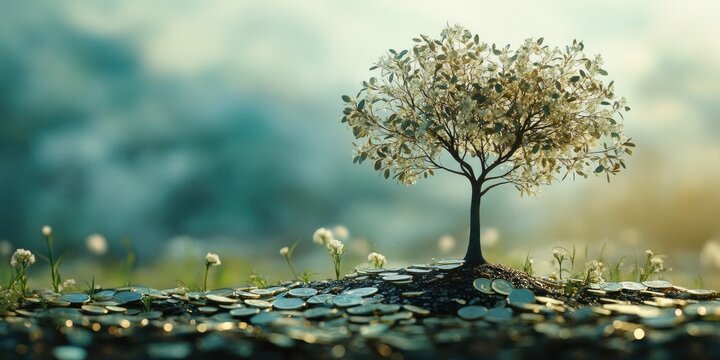 Renewable energy and financial growth concept. A tree grows from coins, symbolizing investments in green energy and sustainable finance.
