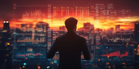 Big data analytics and business intelligence concept. Charts and graphs on a digital interface with a businessman analyzing data in the background.