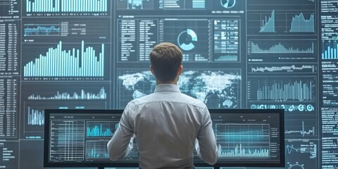 Fototapeta premium Big data analytics and business intelligence concept. Charts and graphs on a digital interface with a businessman analyzing data in the background.
