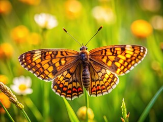 Fototapeta premium Drone photography unveils the aerial grace of the Marsh Fritillary butterfly.