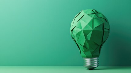 An origami-inspired light bulb crafted from green recycled paper, symbolizing innovation in sustainability, displayed against a serene minimalist background