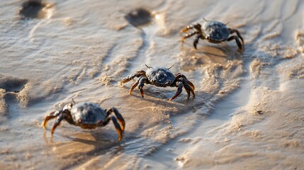 Fototapeta premium Three Crabs on Wet Sand at Low Tide