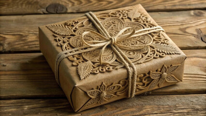 Beautifully carved wooden gift box tied with ribbon.Exquisite rare gift for decorating holiday themes,product layouts or creating a vintage and rustic atmosphere.