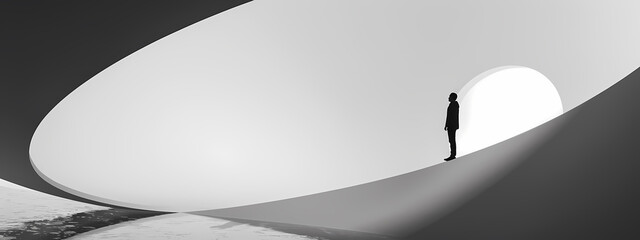 A silhouette of a man in a suit stands pensively in a surreal, minimalist space illuminated by a bright circular void.