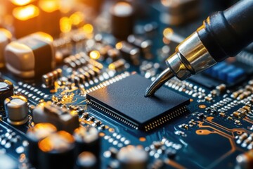 A close-up of a semiconductor chip being soldered onto a circuit board, showcasing the precision of electronics manufacturing.