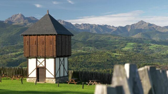 View on a guard tower located close to Mauvezin Castle in Occitania, France (Hand held)