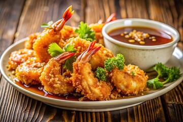 Fototapeta premium Enjoy juicy fried shrimp drizzled with a tangy tamarind sauce, a taste sensation.