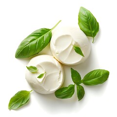 Obraz premium Mozzarella cheese, basil and spices isolated on white background.