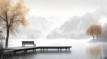 The lake at the foot of the mountain, the benches on the wooden boardwalk
