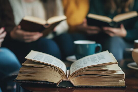 A book club meeting with diverse members discussing a novel, with open books and coffee cups, fostering community and shared passion for literature 