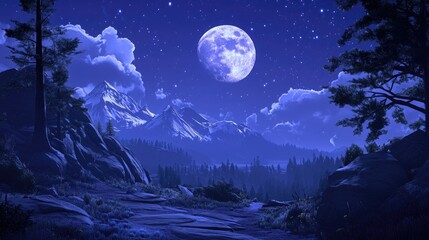 Bright full moon illuminating a mountainous landscape, creating a dramatic, serene night view.