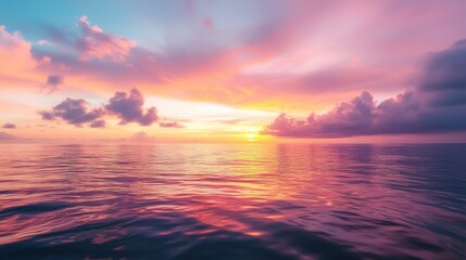 Fototapeta premium Vibrant Sunrise Over Calm Ocean Horizon, a mesmerizing display of colors as daybreak unfolds over serene waters.