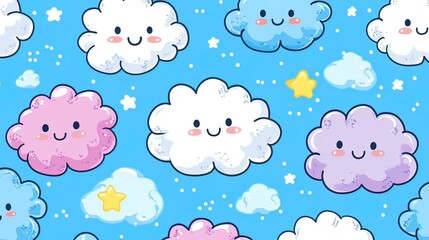 Cute Cartoon Clouds Pattern on Blue Sky