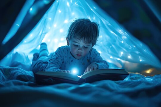 A child in pajamas reading a bedtime storybook under a blanket fort with a flashlight, capturing the magic and excitement of nighttime reading 