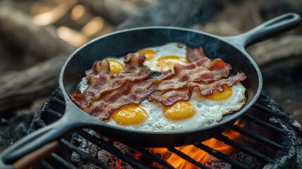 Camping breakfast scene with a cast iron skillet filled with bacon and fried eggs. Pan set on a campfire grill in a natural setting.