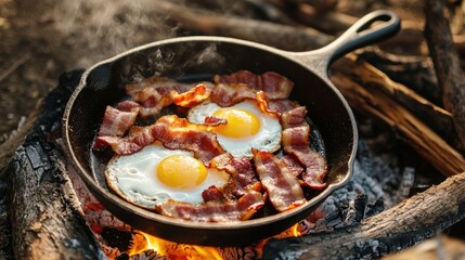 Camping breakfast scene with a cast iron skillet filled with bacon and fried eggs. Pan set on a campfire grill in a natural setting.