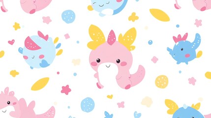 Seamless Pattern with Cute Cartoon Axolotls