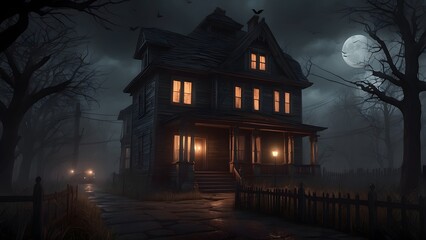 Halloween horror dark moody glowing house, creepy streets of the house, flying bats dead trees Halloween scary house poster, holiday event Halloween background concept