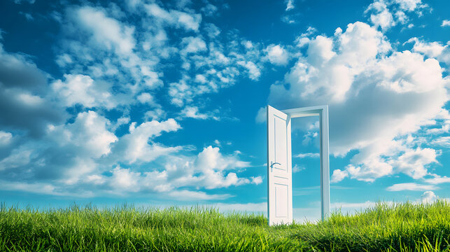 青空の下に立つ開かれたドア。選択の自由、旅立ちを象徴している。