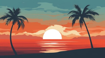 Obraz premium Graphic featuring a simple illustration of two palm trees with an ocean background and waves in vibrant orange, blue, and red colors.