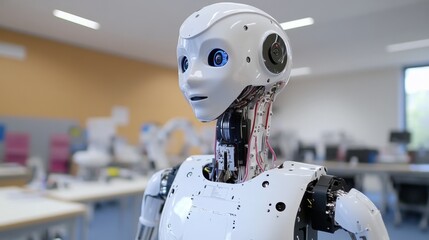 A humanoid robot tutor prototype, educational design with teaching aids and interactive learning tools, High-tech style